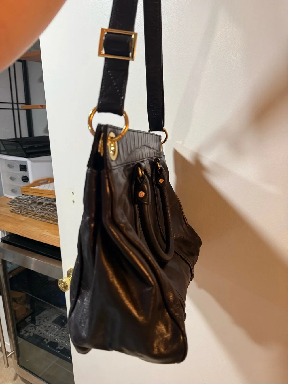 Black Leather Structured Satchel Handbag